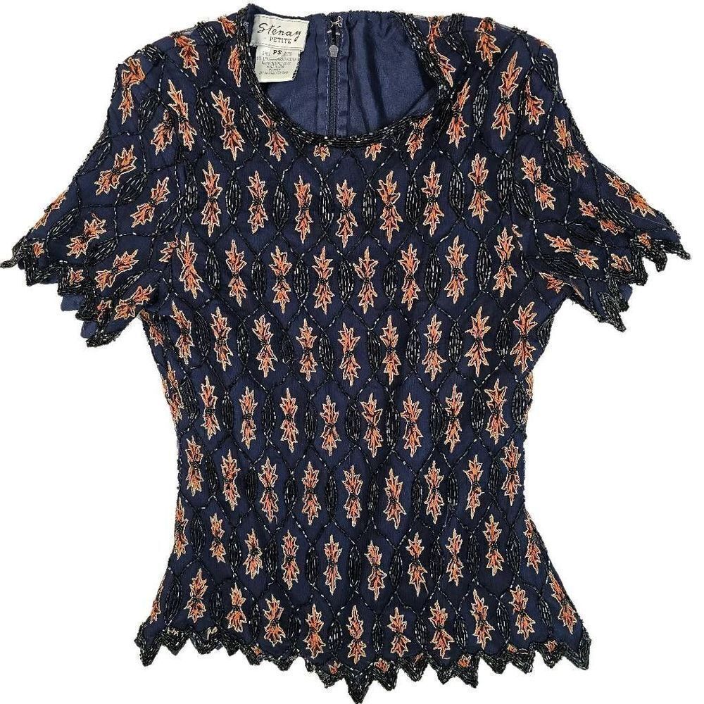 Vintage Stenay Beaded Short Sleeve Blouse Top PS